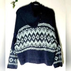Free People  Wool Blend Aztec Chunky Knit Boxy Cropped Cowl Neck Sweater …